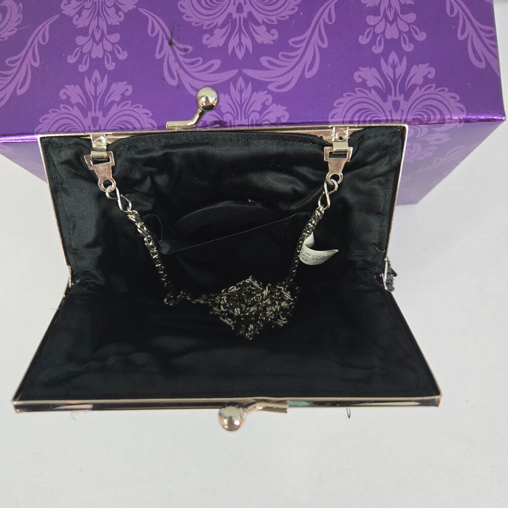 Antique Art Deco Black Beaded Clamshell Clutch Purse Snap Closure Chain Strap - Picture 8 of 14